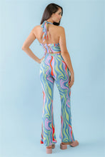 Load image into Gallery viewer, Multicolor Abstract Print Halter V-neck Ruched Open Back Crop Top &amp; High Waist Pants Set