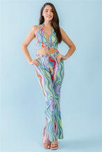 Load image into Gallery viewer, Multicolor Abstract Print Halter V-neck Ruched Open Back Crop Top &amp; High Waist Pants Set