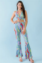 Load image into Gallery viewer, Multicolor Abstract Print Halter V-neck Ruched Open Back Crop Top &amp; High Waist Pants Set