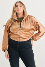 Load image into Gallery viewer, Plus Satin Zip-up Ruched Long Sleeve Cropped Bomber Jacket