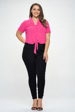 Load image into Gallery viewer, Plus Solid Chiffon Button Down Tie Front Short Sleeve Top